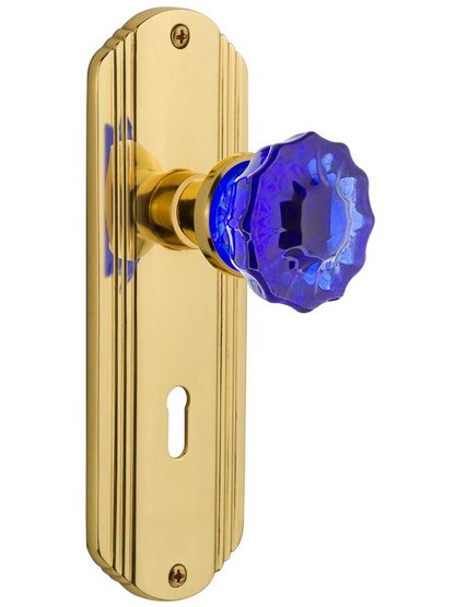 Streamline Deco Mortise Lock Set with Colored Fluted Crystal Glass Knobs Cobalt Blue in Polished Brass.